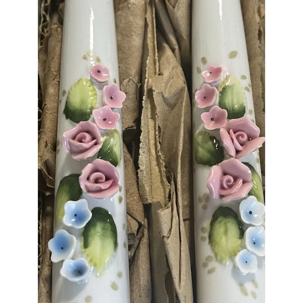 Vintage Vcagco Cermics  Floral Candles Porcelain Set Of 2 Made in JAPAN EUC